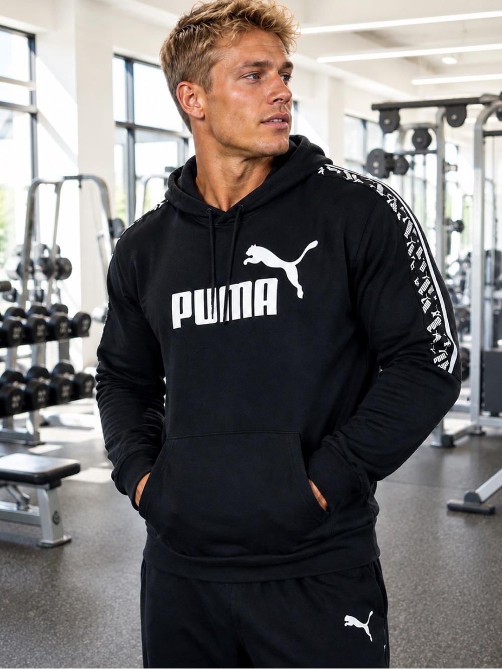Men’s Puma Black Hoodie with White Logo and Sleeve Tape🤠L